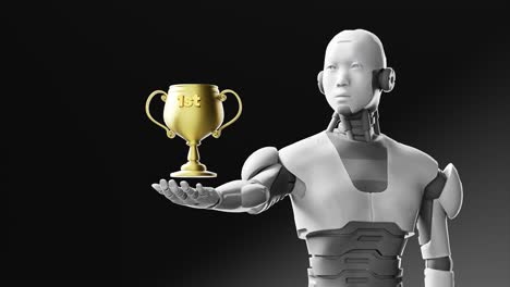 Robot-Humanoide-Entrega-El-Trofeo-Del-Primer-Lugar,-Representación-3d-Sobre-Fondo-Negro