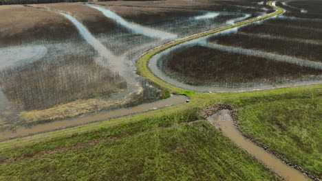 Winding-river-through-bell-slough-wildlife-area,-arkansas,-during-the-day,-aerial-view