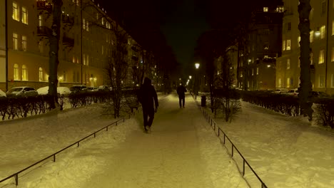 People-in-jackets-walk-along-icy-snow-covered-path-at-night,-Stockholm