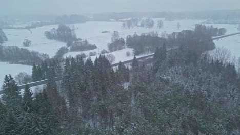 Winter-Drohnenflug-Bei-Schneefall-über-Einer-Waldlandschaft