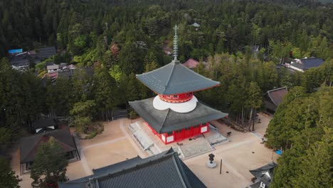 Panoramic-Drone-Aerial-Koyasan-Temple-Buddhist-Japanese-Traditional-Architecture-flying-above-japanese-natural-environment,-travel-destination-establishing-shot