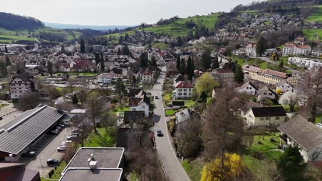 Wald,-Schweiz-Mit-Wohngebieten-Und-Grünen-Hügeln-Im-Frühling,-Luftaufnahme