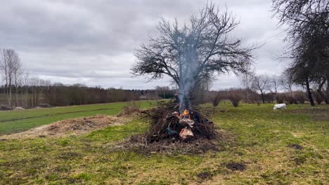 Garbage-pile-with-tree-branches-burn-with-grey-smoke-in-air,-cottage-yard