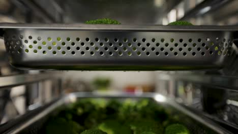 Broccoli-in-a-metal-colander-on-a-shelf,-indoor,-shallow-depth-of-field,-focus-on-foreground