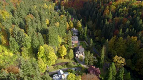 Luftanflug-Auf-Das-Wunderschöne-Dorf-Im-Schweizer-Stil,-Versteckt-Im-Bergwald-Im-Herbst