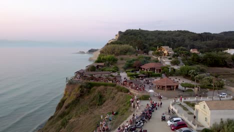 Orbit-View-over-Loggas-Beach-Cliff-Sunset-Viewpoint-Area,-Corfu,-Sidari,-Greece