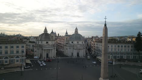 Cinematic-Aerial-View-of-Piazza-del-Popolo,-Flaminio-Obelisk-at-Sunrise-in-Rome,-Italy