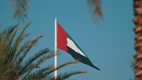 Die-Flagge-Der-Vereinigten-Arabischen-Emirate-Weht-Am-Fahnenmast,-Eingerahmt-Von-Palmen,-Auf-Der-Flaggeninsel-Sharjah-In-Den-Vereinigten-Arabischen-Emiraten