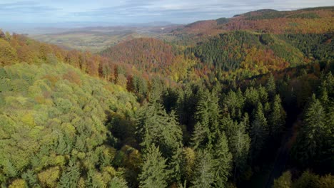 Aerial-descending-shot-of-the-mountain-forest-in-autumn