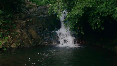 Umgebungsbewegung-Von-Herabstürzendem-Wasser-In-Einem-Wasserfall,-Eingerahmt-Von-üppigen-überhängenden-Ästen,-Die-Einen-Ruhigen-Und-Wohltuenden-Hintergrund-Für-Achtsame-Meditation-Bieten