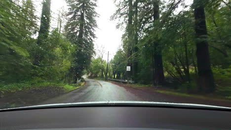 Windshield-wide-angle-of-driving-through-Redwoods-National-Park,-rainy-day-in-North-California