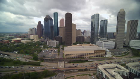 Wide-angle-drone-view-of-downtown-Houston,-Texas