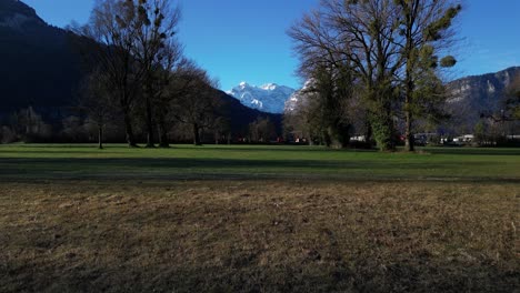 Low-angle-drone-view-of-a-green-field-with-Swiss-Alps-at-background-in-Walensee,-Switzerland