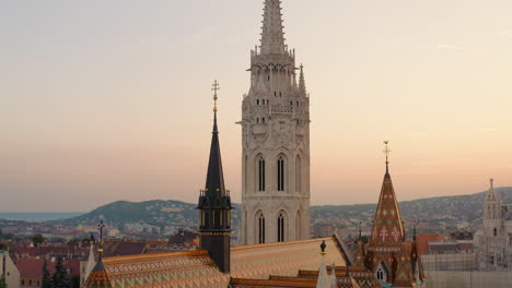 Close-up-view-of-the-renovated-towers-of-Matthias-Church-with-colored-Zsolnay-roof-tiles