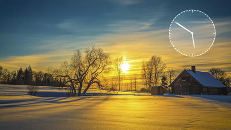 Sonnenuntergang-Zeitraffer-Winter-Natur-Landschaft-Blockhütte-Uhr-Anzeige-Zeit-Vergeht