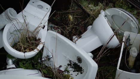 Baños-Blancos-Abandonados-Con-Plantas-Creciendo-A-Través-De-Ellos.