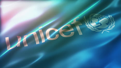 Flagge-Mit-UNICEF-Logo,-Perspektivische-Ansicht,-Hoher-Winkel,-Glänzend,-Elegante-Seidige-Textur,-Im-Wind-Wehend,-Filmähnliche-Optik,-Realistische-4K-CG-Animation,-Glatt,-Flatternd-In-Zeitlupe,-Nahtlos-Schleifenfähig