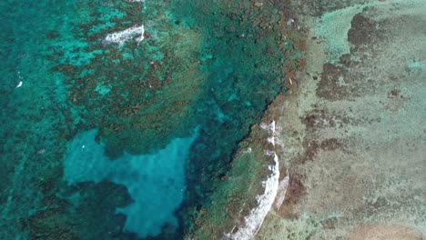 A-coral-reef-with-clear-waters-and-waves-breaking,-tilting-up-to-the-rugged-coast,-aerial-view