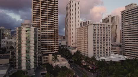 Waikiki-neighborhood-beach-front-multistory-hotels,-Honolulu,-Oahu-island