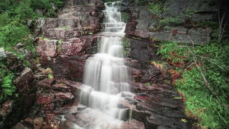 A-waterfall-surrounded-by-greenery-in-the-forest-cascades-over-dark-stones