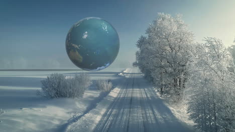 Animation-Of-Earth-Rotating-Over-Snowy-Land-And-Trees-At-Winter