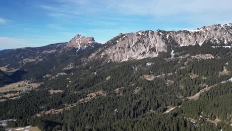 De-Pie-Contra-El-Cielo-Azul,-La-Cadena-Montañosa-De-Tirol-Tannheimer-Tal,-Suiza,-Adornada-Con-Bosques-Que-Se-Extienden-Hasta-El-Valle,-Mostrando-El-Encanto-Natural-Del-Paisaje-Suizo.