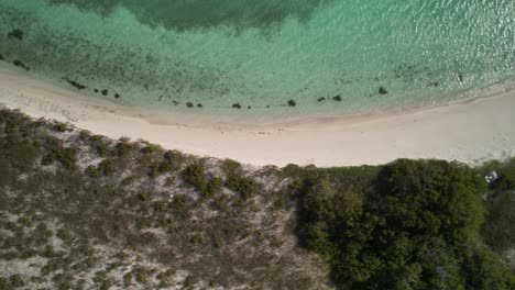 Aerial-shot-of-crystal-clear-waters-meeting-the-white-sands-of-Espenky-Beach,-Los-Roques,-at-noon