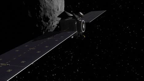 High-quality-smooth-and-slow-descending-shot-of-the-space-probe-Dawn,-as-we-slowly-tilt-up-to-reveal-the-giant-asteroid-Vesta,-against-a-deep-space-background