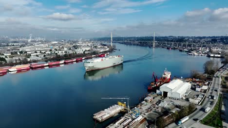 Industrial-Ship-On-Waterways-In-Delta-Port,-British-Columbia,-Canada