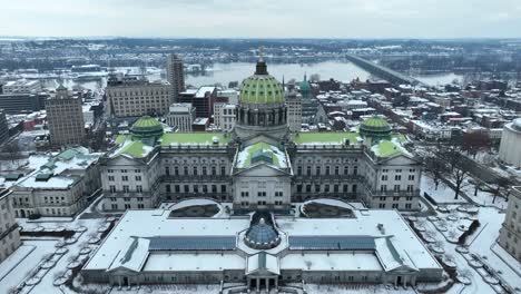 Pennsylvania-state-capitol-building-during-winter,-covered-in-snow