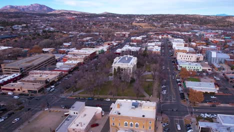 Prescott-AZ-USA,-Drone-Shot-of-Yavapai-Courthouse-Plaza-and-Downtown-Streets-and-Buildings