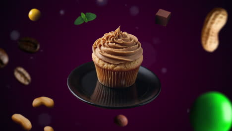 Erdnussbutter-Cupcake-Animations-Intro-Für-Werbung-Oder-Marketing-Auf-Dunkelviolettem-Hintergrund-Für-Restaurants-Mit-Den-Zutaten-Des-Desserts,-Die-Durch-Die-Luft-Fliegen---Preis-Oder-Verkauf-Hinzufügen