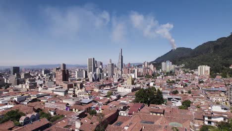Aerial-establishing-shot-of-Bogota-cityscape,-Wildfire-on-Mountain-hillside,-Colombia