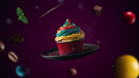 Cupcake-Animations-Intro-Mit-3-farbigem-Wirbel-Zuckerguss-Für-Werbung-Oder-Marketing-Auf-Dunkelviolettem-Hintergrund-Für-Restaurants-Mit-Den-Zutaten-Des-Desserts,-Die-Durch-Die-Luft-Fliegen---Preis-Oder-Verkauf-Hinzufügen
