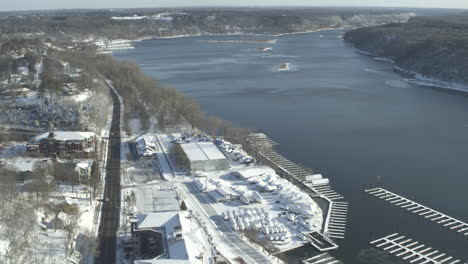 Aerial,-Snow-Covered-Downtown-Stillwater-MN,-and-St