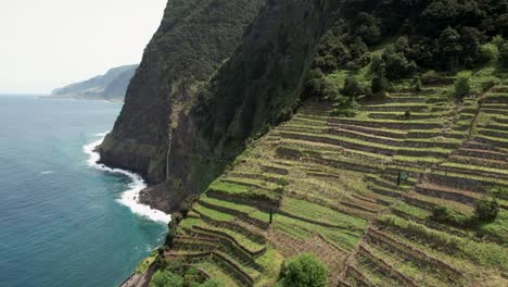 Atemberaubende-Luftaufnahme-über-Madeira-Véu-Da-Noiva-Aussichtspunkt-Terrassierte-Küstenberge-Meereslandschaft-Hänge