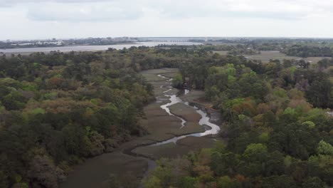 Low-descending-aerial-shot-of-marshy-wetlands-and-narrow-waterways-along-the-Ashley-River-at-Albermarle-Point,-South-Carolina