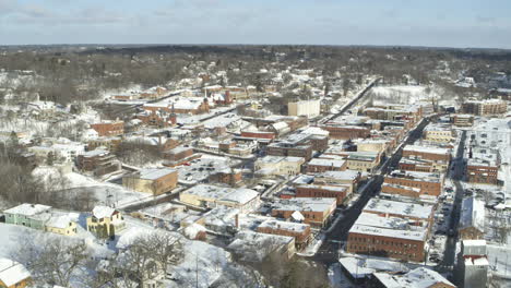 Aerial-Snowscape-of-Downtown-Stillwater,-Minnesota