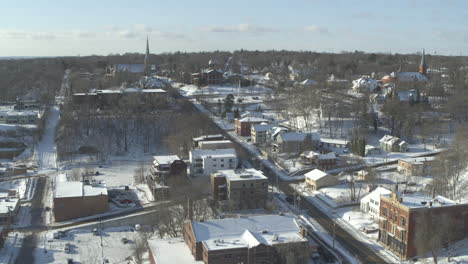 Aerial-Winter-View-of-Downtown-Stillwater,-Minnesota