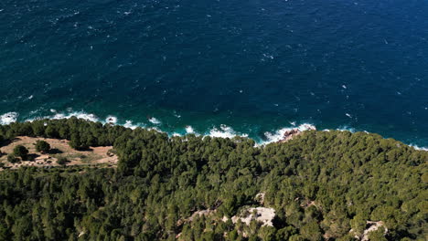 Luftaufnahme-Der-Felsigen-Küste-Mallorcas-Mit-Grünen-Pinien-Und-Azurblauem-Meer