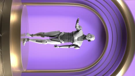 Futuristischer-KI-Roboter-Auf-Dem-Produktpräsentationspodium-Mit-Violettem-Hintergrund,-Vertikal
