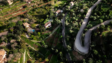 Vista-Aérea-De-Un-Camino-Sinuoso-A-Través-Del-Exuberante-Paisaje-Mallorquín