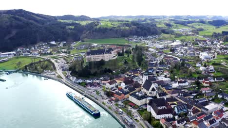 Beautiful-drone-shot-of-the-village-"Grein"-in-austria