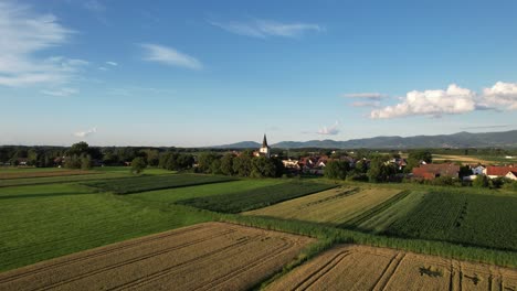 Drohnenflug-über-Einem-Maisfeld-In-Der-Nähe-Eines-Dorfes