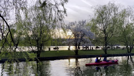 Parque-Con-Lago-Y-Gente-Relajándose-En-Un-Barco