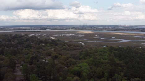 Wide-panning-aerial-shot-of-the-marshy-wetlands-along-the-Ashley-River-near-Old-Charles-Towne-Landing-in-South-Carolina