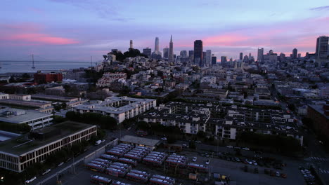 San-Francisco-USA-at-Twilight,-Drone-Shot-of-Downtown-Buildings-From-North,-Fisherman's-Wharf