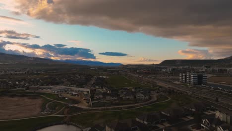 Lehi,-Utah-by-Thanksgiving-Point-Golf-Course-at-sunset---aerial-motion-hyper-lapse-time-lapse