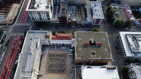 San-Francisco-CA-USA,-Aerial-View-of-New-Conservatory-Theatre-Center-Building-and-Downtown-Traffic