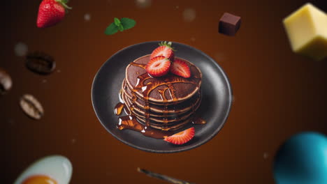 Chocolate-Protein-pancakes-with-honey-Animation-intro-for-advertising-or-marketing-on-dark-orange-backgroun-for-restaurants-with-the-ingredients-of-the-dessert-flying-in-the-air---add-price-or-sale